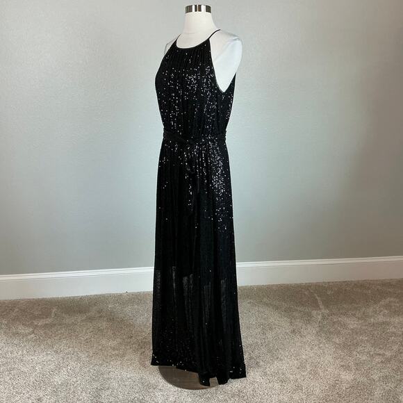 DKNY Sequined Halter Maxi Dress Size 8 Black Sequined Sleeveless Long Formal - Picture 4 of 14